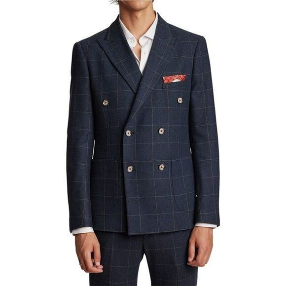 Paisley & Gray Slim Fit Double Breasted Suit Jacket 40R Blue Windowpane Wool - Picture 1 of 16